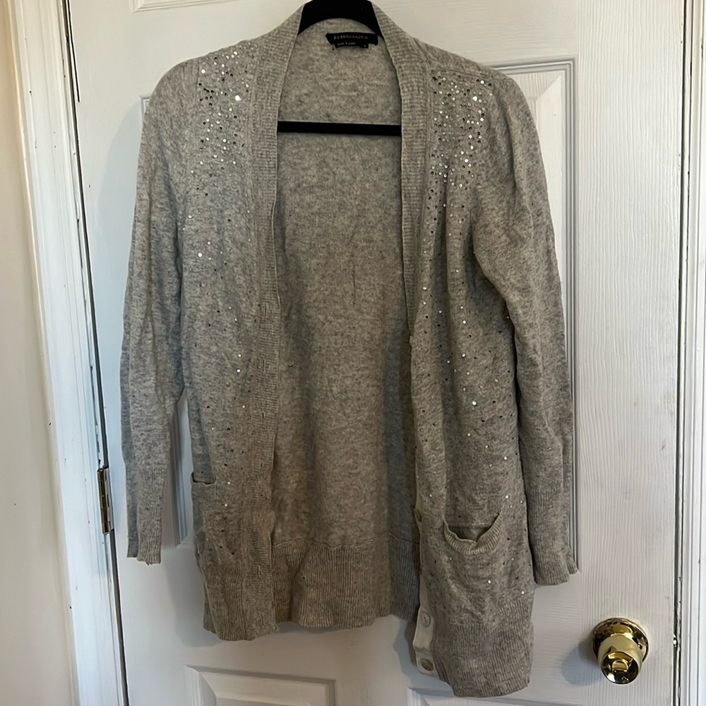 BCBG Maxazria heather grey cardigan with sequin detailing and wide buttons